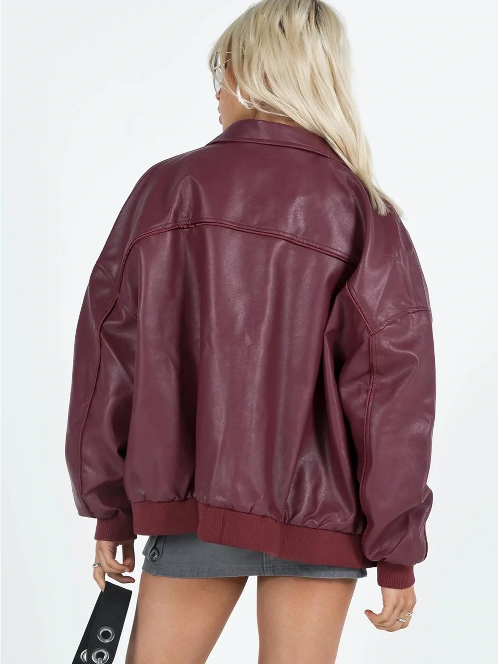 Princess Polly Oversized Burgundy Leather Bomber Jacket - Picture 2 of 3